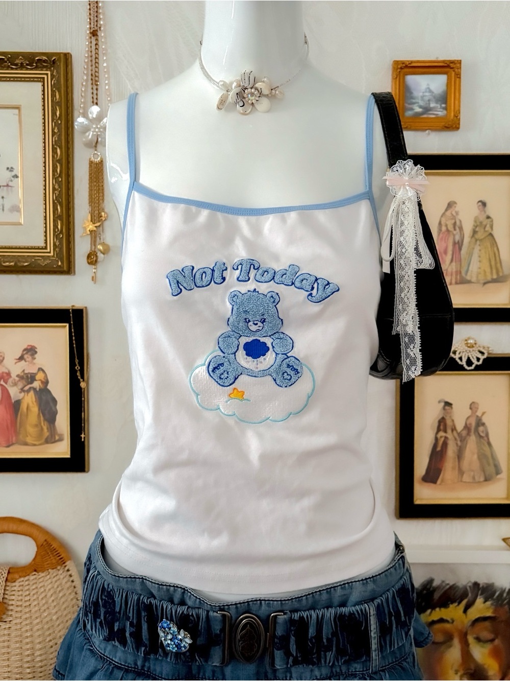 Cute summer casual girly rare grumpy bear cotton blend blue white tank